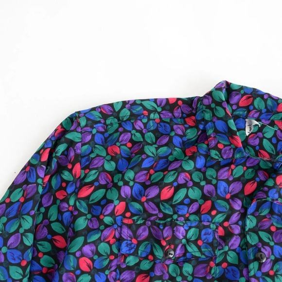 Vintage Black Green Blue Red Floral Button Up Long Sleeve Blouse - Picture 11 of 15